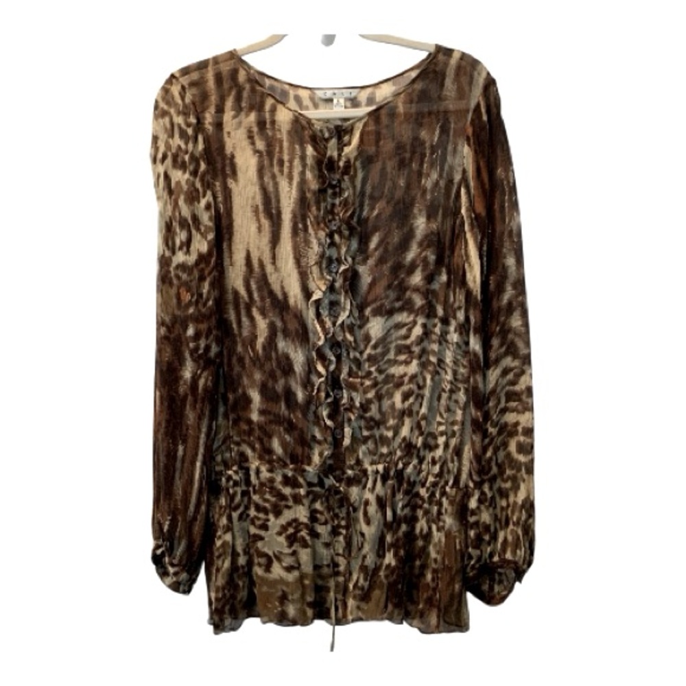 CAbi Women’s Animal Print Sheer Silk Tie Waist Ruffles Blouse Style 806 Large